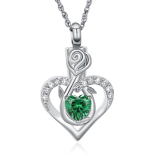 Roseflower Cremation Jewelry Heart Urn Necklace for Ashes for Women Gilrs Memorial Keepsake Birthstone Pendant Necklaces for Ashes of Loved Ones - color: Silver-green