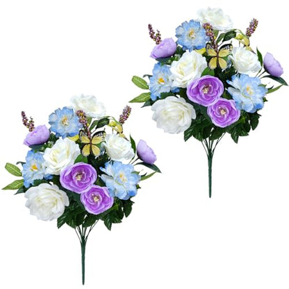 2Pcs Spring Cemetery Flowers for Grave, Artificial Rose, Purple, 17.7in - color: Light Purple White-2pcs