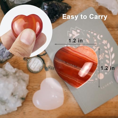 Red Agate Heart Worry Stones, 1.2 Inch, Set of 4 | Polished Heart Crystals, Palm and Pocket Stones, Reiki Meditation Accessories, Love Carved Stones, Crystal Gift Set - color: Red Agate