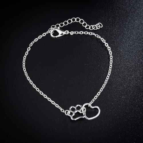 tenghong2021 Cat Dog Puppy Paw Paint Bracelet Memorial Doggy Kitty Animal Forever Love Heart Link Bracelet for Pet Lover - color: Silver