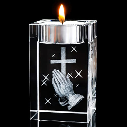 YWHL Cross Religious Crystal Votive Candle Holders, Religious Gifts for Women, 3D Praying Hands and Cross Glass Tealight Candle Holder for Table Centerpiece (Excluding Candles) - color: Praying Hand