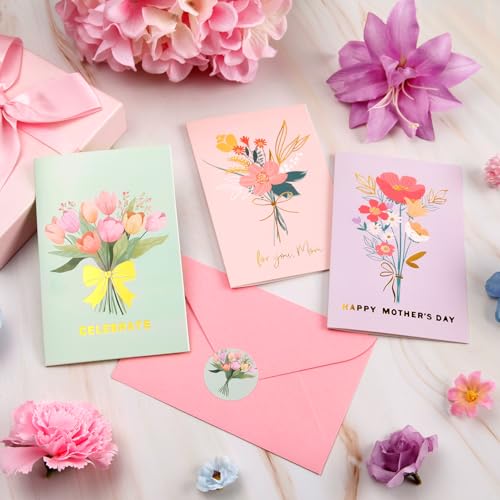24 Pcs Happy Mother's Day Greeting Cards Floral Blank Note Cards Gold Foil With Pink Envelopes Mother's Day Present Gift Box Assorted Party Celebration Cards For Mom, Mother-in-Law, Stepmom, Grandma, Aunt, Godmother-4X6 in