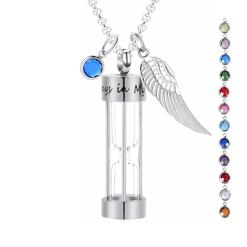 Hearbeingt Timeless Hourglass Urn Necklaces for Ashes Cremation Jewelry | for Women Men,with 12 Birthstones,Stainless Steel,Memorial Necklace,Ash Pendant for Human Pet,Keepsake Jewelry,with Fill Tool - color: Round_Silver