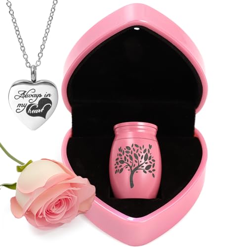 Small Urns for Human Ashes Keepsake - 1.6" Pink Mini Cremation Urn with Necklace Heart Box - Very Feminine Pretty Tiny Funeral Urn - Little Miniature Urn Memorial Gift for Baby Mom Sister Women Female - color: Pink
