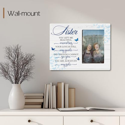 Sister Memorial Bereavement Wooden Picture Frame Gifts for Loss of Sister, Always By My Side Sympathy Gifts, Fits 4x6 Photo Frame - color: Blue-sister