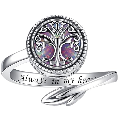 Tree of Life Urn Ring for Ashes 925 Sterling Silver Adjustable Family Tree with Opal Memorial Keepsake Jewelry Always in My Heart Cremation Ring for Women - color: purple