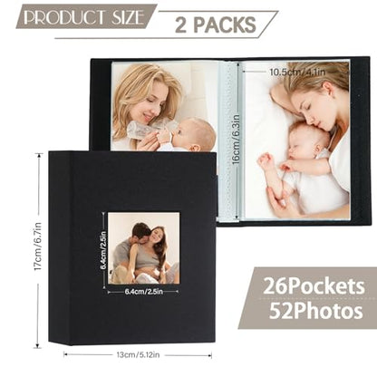 Artmag Mini Photo Album 4x6 50 Pockets 2 Pack, Linen Cover with Front Window Album Each Holds 52 Vertical Photos for Family Wedding Baby Children (Black) - color: Black, size: 50 Pockets/2PKS