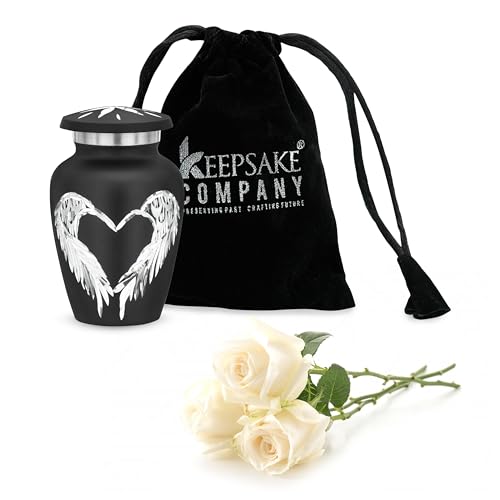 Black Small Urns for Human Ashes - Angel Wings & Heart Mini/Medium/Little Cremation Keepsakes for Ashes - Ash Holders – Urn -ERN - Tiny Urns for Men - Miniature Urn - (Single) from Keepsake Co. - color: Black Matte