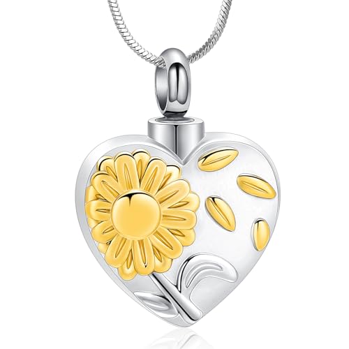 Urn Necklace for Ashes Sunflower Cross Necklace Cremation Jewelry Ashes Necklace for Human Women Pets Sunshine Pendant Keepsake Jewelry for Ashes - color: Gold