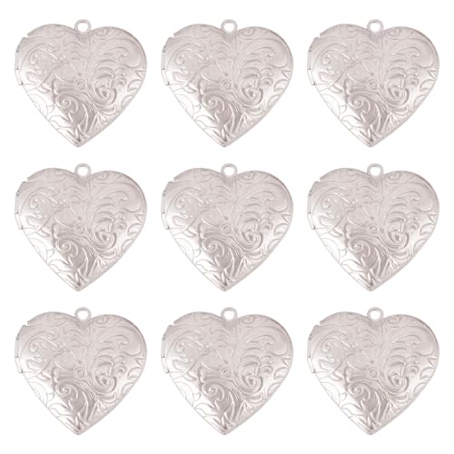FASHEWELRY 10Pcs 316 Stainless Steel Locket Pendants Silver Heart Photo Frame Charms Heart Locket Charms for Necklaces DIY Memorial Necklace Making - color: Stainless Steel Color, Heart
