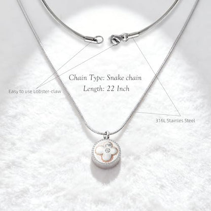 Cremation Urn Necklaces for Ashes, Round Stainless Steel Memorial Jewelry Keepsake Pendant for Women Men, Decorative Four-Leaf Clover Touch - style: Love