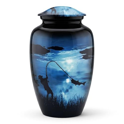 Large Gone Fishing Urn for Human Ashes Adult Male Female - 200 Cubic Inches Decorative Cremation Urn for Dad, Men - Full Size Blue Burial Urn with Velvet Bag and Easy-Fill Funnel - size: Large