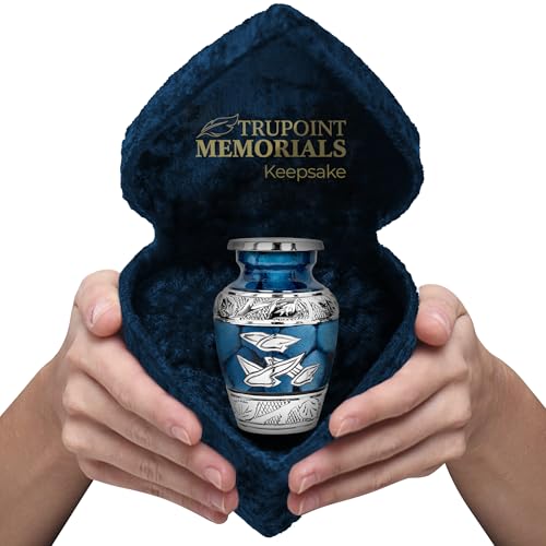 Trupoint Memorials Small Urns for Human Ashes Keepsake, Decorative Mini Cremation Urn for Adult Men and Women, Small Blue Birds with Velvet Heart Box - color: Blue Birds