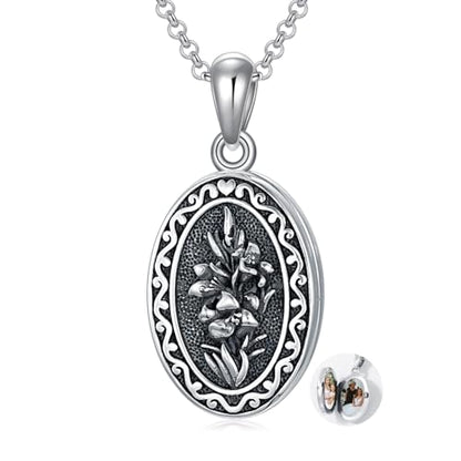 Birth Flower Photo Locket Necklace 925 Sterling Silver 12 Month Locket Necklace with Picture Birth Flower Photo Jewelry Gifts for Women Mother Mom Daughter - color: 05-May-lily, style: 1.no custom