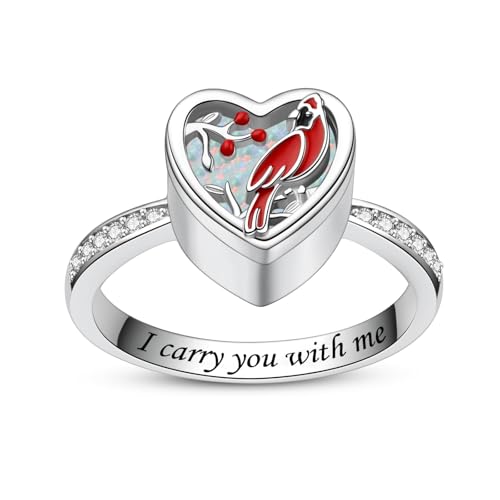 925 Sterling Silver Red Cardinal Urn Rings for Women Hold Loved Ones Ashes Memorial Ring Keepsake Cremation Jewelry for Ashes