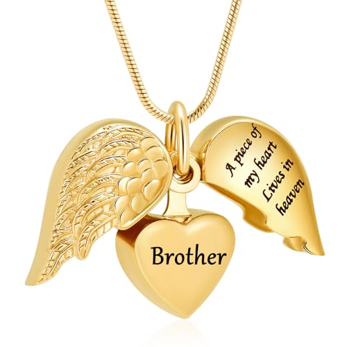 Cremation Jewelry Heart Urn Necklace for Human Ashes for Women Men A Piece of My Heart Lives in Heaven Memorial Ashes Keepsake Pendant - color: Gold-Brother