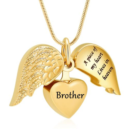 Cremation Jewelry Heart Urn Necklace for Human Ashes for Women Men A Piece of My Heart Lives in Heaven Memorial Ashes Keepsake Pendant - color: Gold-Brother