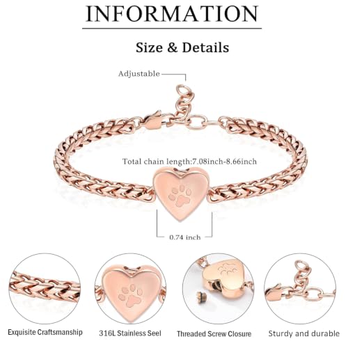 zeqingjw Pet Cremation Urn Bracelet for Ashes for Women Dog Cat Paw Urn Bangle Heart Cremation Jewelry Keepsake Memorial Urn Jewelry - color: Rose Gold