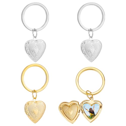 PLIGREAT 4 Pack Heart Locket Keychain, Craved Heart Photo Lockets Key Chains for Women Gold Silver Hearts Locket Keychain that Holds Pictures Photo Frame Charm Lockets Pendants for DIY Crafts