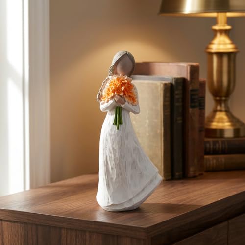 Angel Figurines Guardian Angel Statue Holding Orange Flower Bouquet Elegant White Resin Angel Figurine Hand Painted for Shelf Tabletop Living Room Office Sympathy Gift - color: Orange