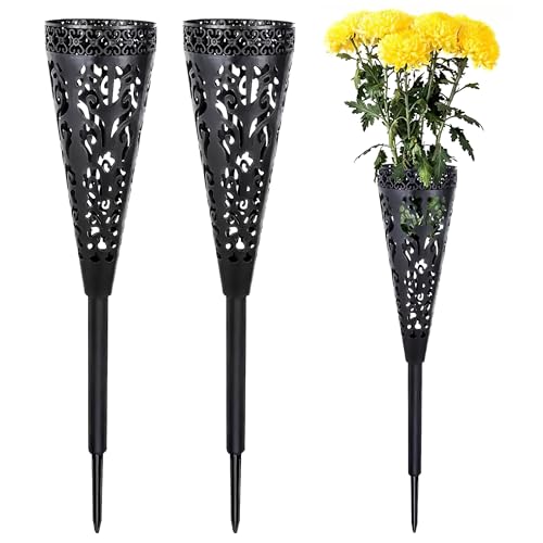 2 Sets Memorial Flower Holder for Cemetery Conical Vases with Spikes | Black, Plastic, Grave Yard Decorations,Gravestone, Garden Ground Outdoor Marker Decor Supplies