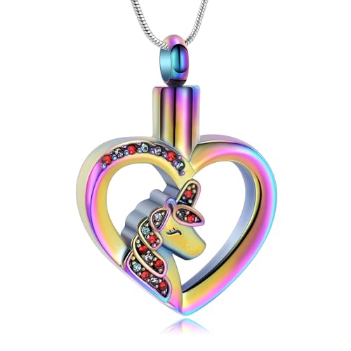 Unicorn Heart Urn Necklace for Ashes Cremation Jewelry for Women Men Stainless Steel Memorial Necklaces Ash Holder for Human Pets Keepsake Jewelry for Loved Ones with Fill Tool - color: Rainbow