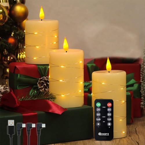 LEDHOLYT Rechargeable Flameless Candles, Embedded Star String Flickering Real Wax Flameless Candles for Romantic Ambiance and Festival Home Decoration with Remote & Timer - color: Copper-Wire Drop
