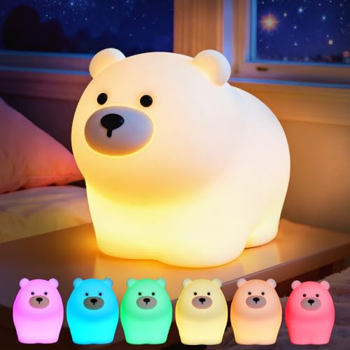 Polar Bear Night Light, Bear Gifts, Cute Soft Silicone Squishy LED Lamp with 7 RGB Colors, Dimmable, Timer, Touch Control, Kids' Bedroom Decor - style: Polar Bear