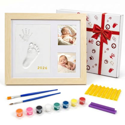 MICKYU Baby Hand and Footprint Kit, Clay Keepsake Frame | 8-Color Paints, Newborn Nursery Picture Frames, Personalized New Mom Gifts for Baby Shower & Registry, 9x11 in, Natural Wood - color: Natural Wood