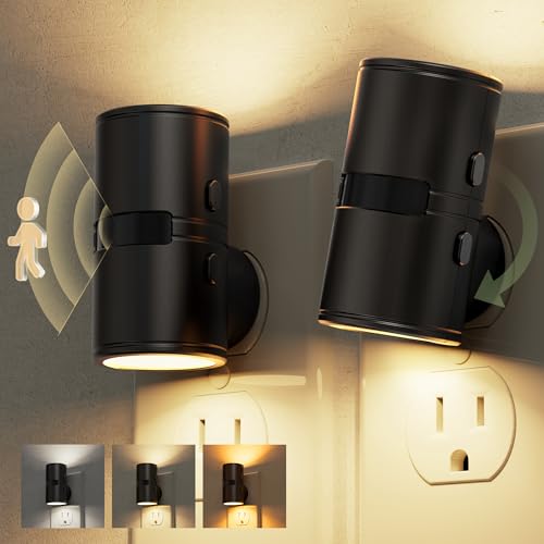 L LOHAS LED Motion Sensor Night Light, Motion Sensor Light Indoor, Rotating | Motion Activated Night Lights Plug into Wall,Amber-3000K-5000K,10-50-100%LM Dimmable Nightlights Mini, Hallway Bathroom,2Pack - color: Motion Sensor-Black Shade