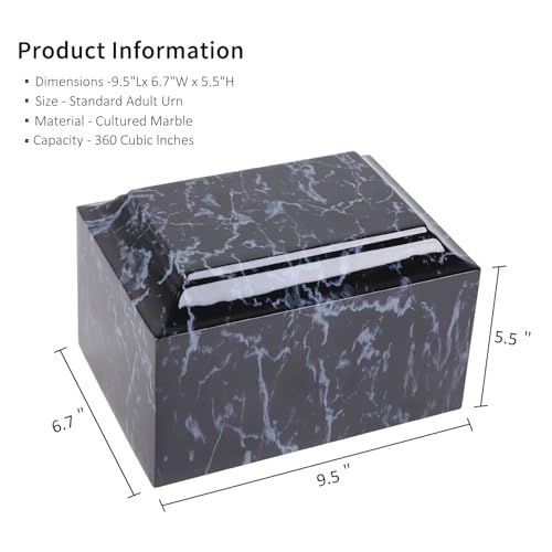 Black Classic Cultured Marble Cremation Urn for Adult Ashes, Adult Sized Memorial Urn for Ground Burial or Home Memorial - size: Black