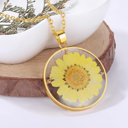 AUNTESIGN Forget-Me-Not and Queen Anne's Lace Pressed Wildflower Necklace | Birth Month Flowers Necklace | Gold/Silver Pressed Flower Jewelry | Mother's Day | Gift For Her - color: Marigold Necklace (October Birth Flower)