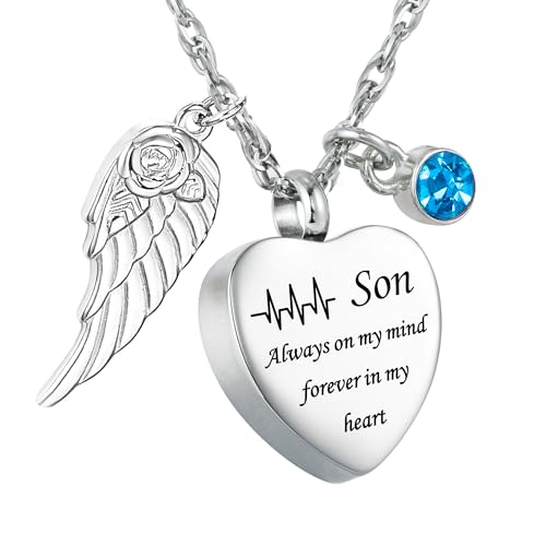 Gredstar Heart Urn Necklace for Ashes, ECG Memorial Pendant | Heartbeat Line, Angel Wing, 12 Birthstones, Stainless Steel, Screw Closure, Funnel & Box Included - style: Son