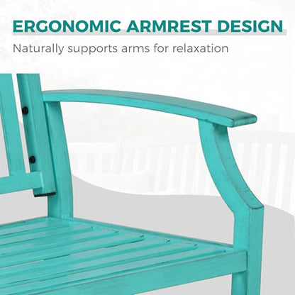 Grand patio 52" Farmhouse Outdoor Bench with Armrest, Turquoise Blue | Anti-rust Aluminum Frame, Faux Wood Grain Finish, for Front Porch, Yard, Park, Garden - color: Turquoise Blue