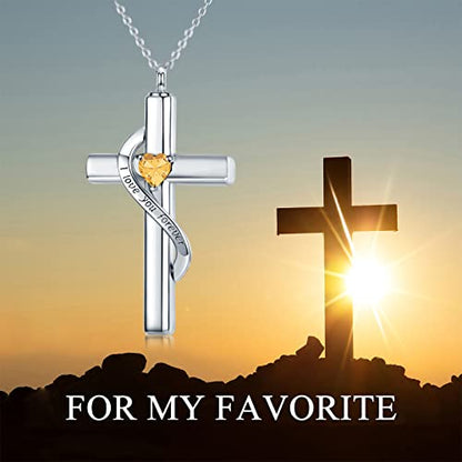 SOULMEET Crystal Cross Necklace for Ashes, Sterling Silver I Love You Forever Birthstone Cross Urn Necklaces for Ashes Keepsake Cremation Jewelry for Pet Human Ashes - style: K-White Gold-November