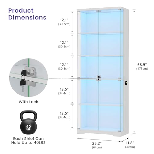 Dystler Glass Display Cabinet with Doors and RGB LED Lights | 69" Tall Curio Cabinet, 5-Tier Wooden Shelves, Lockable Display Case, Motion Sensor, for Collectibles, Living Room, White - color: White
