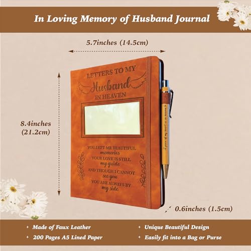 Husband Grieving Gift, Sympathy Condolence Remembrance Memorial Gifts | Letters To My Husband In Heaven Faux Leather Journal Window Cover 200 Pages A5 Lined for Family Friend Who Loss of Husband - style: Husband
