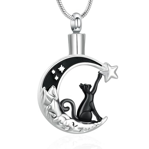 zeqingjw Cat Moon Cremation Necklace for Ashes Pet Ashes Keepsake Urn Jewelry for Ashes Stainless Steel Pet Urn Pendant Memorial Gift for Loved Ones - color: Black
