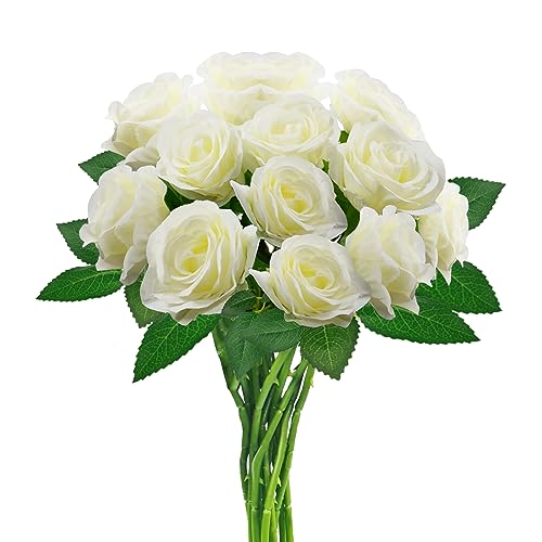 hailanbao 12PCS White Artificial Roses with Long Stems, Silk Faux Flowers | realistic white silk roses with flexible stems for DIY bouquets, centerpieces, weddings and home décor. - color: White