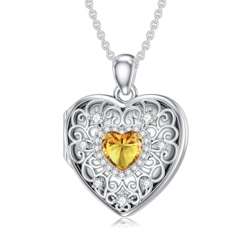 Heart Locket Necklace 925 Sterling Silver Personalized Picture Locket Pendant Birthday Christmas Jewelry Memorial Gifts for Women - color: November Crystal Locket