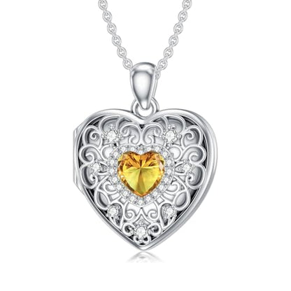 Heart Locket Necklace 925 Sterling Silver Personalized Picture Locket Pendant Birthday Christmas Jewelry Memorial Gifts for Women - color: November Crystal Locket