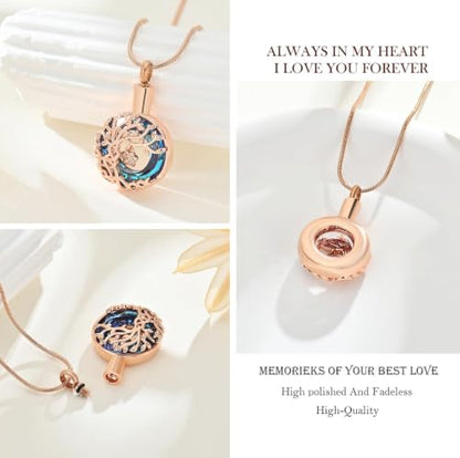 zeqingjw Pet Cremation Jewelry Tree of Life Urn Necklace for Ashes for Dog/Cat Funeral Ashes Keepsake Paw Print Urn Pendant Memorial Jewellery - color: Rose Gold-Blue