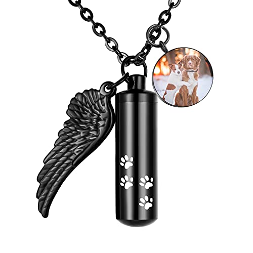 abooxiu Cylinder Cremation Necklace for Pet Ashes Urn Necklace with Angel Wing Pet Paw Ashes Necklace for Dog/Cat Pet Memorial Keepsake Jewelry… - color: Photo Engraving