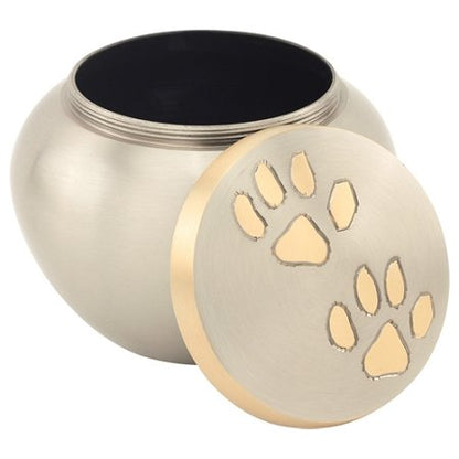 Paw Print Round Pet Cremation Urn for Ashes in Pewter Small, Brass, Small Sized, 3.5 Inches High - color: Pewter Silver, size: Small Pet Urn