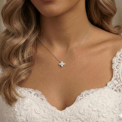 Gold Silver Pendant Necklace for Women, Dainty CZ Jewelry Gift | 14K Gold Silver Plated, Cubic Zirconia Pearl Charm, Trendy Layered Necklace, Adjustable Chain, Waterproof, Hypoallergenic - color: Silver-Clover