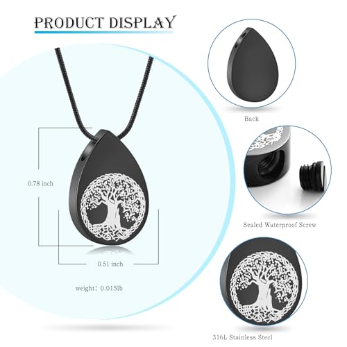Hearbeingt Teardrop Urn Necklaces for Ashes Tree of Life Memorial Locket - color: Teardrop-Black