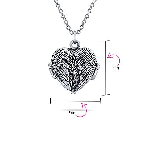 Bling Jewelry Vintage Style Dome Large Guardian Angel Wing Feathered Heart Shaped Photo Locket For Women Teens Holds Photos Pictures Oxidized .925 Silver Necklace Pendant Custom Engraved