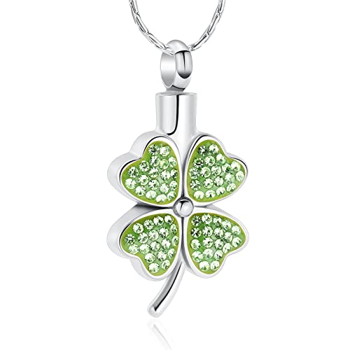 constantlife Cremation Jewelry Memorial Urn Necklace for Ashes Lucky Four-Leaf Clover Design Stainless Steel Pendant Keepsake - color: Silver-Green