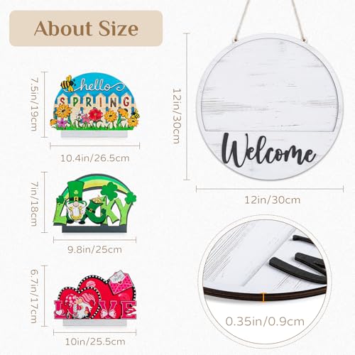 Interchangeable Welcome Sign for Front Door, Slot-in Design | 13Pcs Solid Wood Seasonal Decor, 12-inch Round Sign, for Porch, Entryway