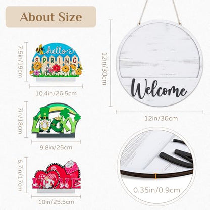Interchangeable Welcome Sign for Front Door, Slot-in Design | 13Pcs Solid Wood Seasonal Decor, 12-inch Round Sign, for Porch, Entryway